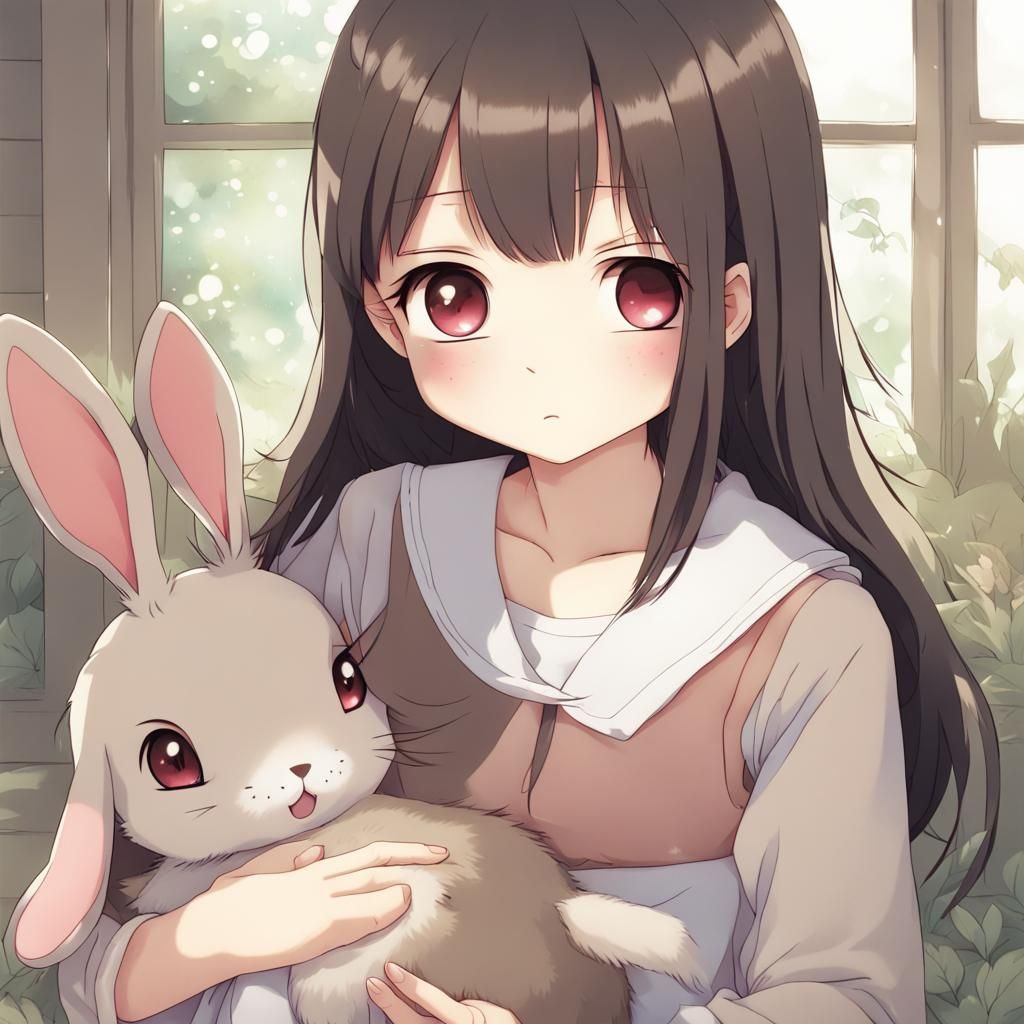 Anime Girl Petting Rabbit in Manga Style