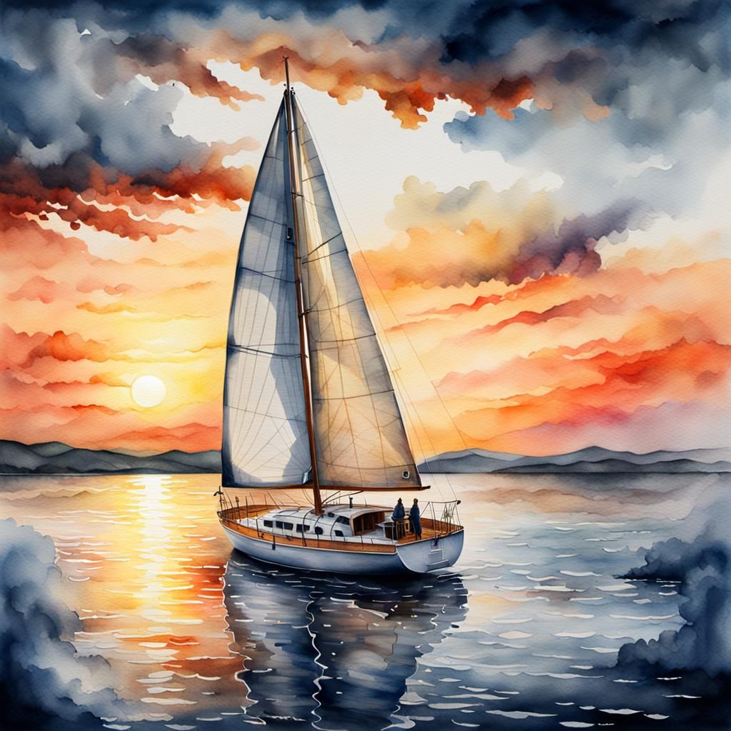 Sunset Sailboat: Hyperrealistic Watercolor Painting