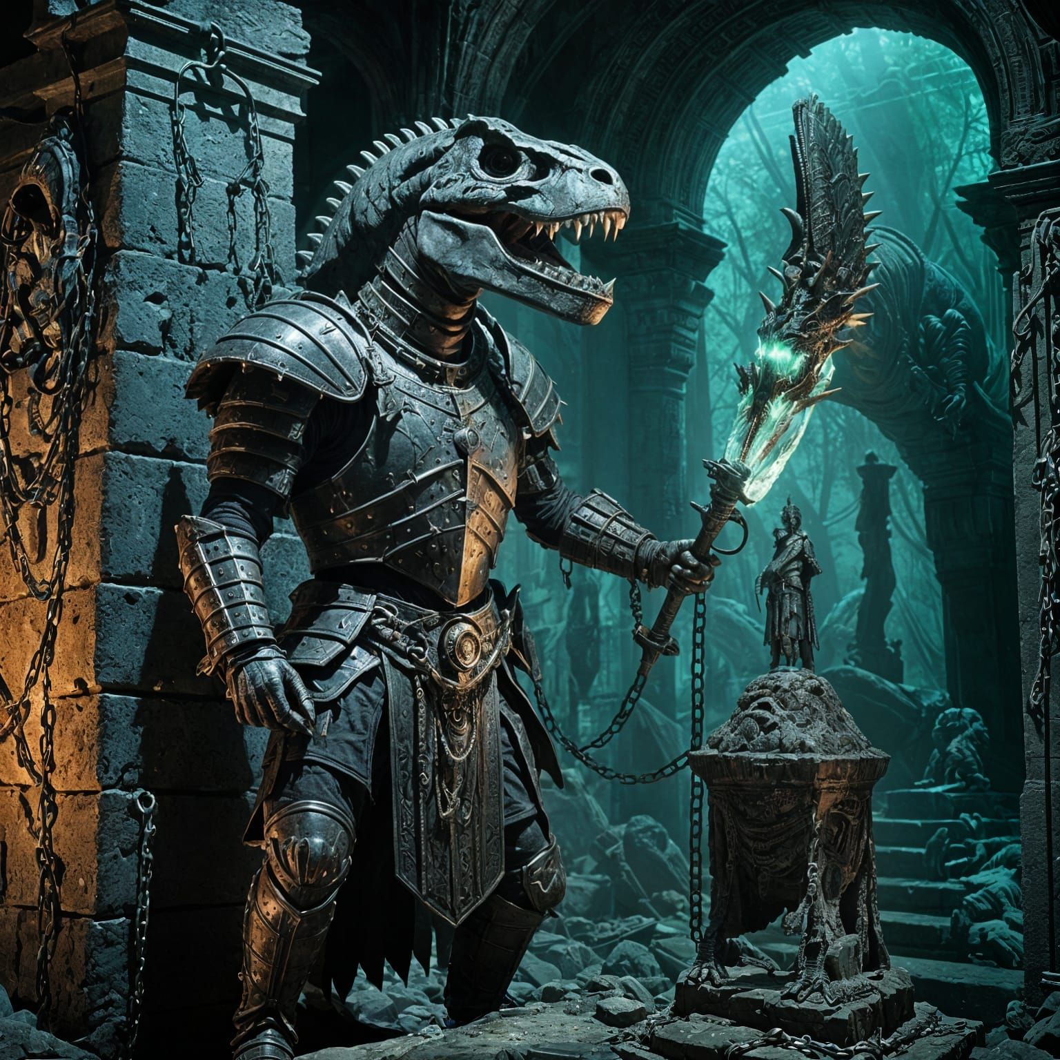 Cyberpunk Armored T-Rex in Brutal Vijayanagara Architecture