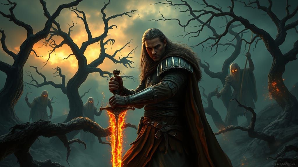 Epic Fantasy Warrior Readies for Battle Against Dark Specter...