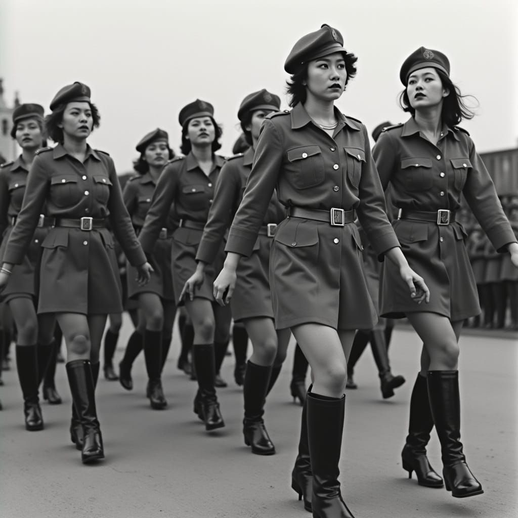 Fierce Female Soldiers March in Unison in a Darkened Korean ...
