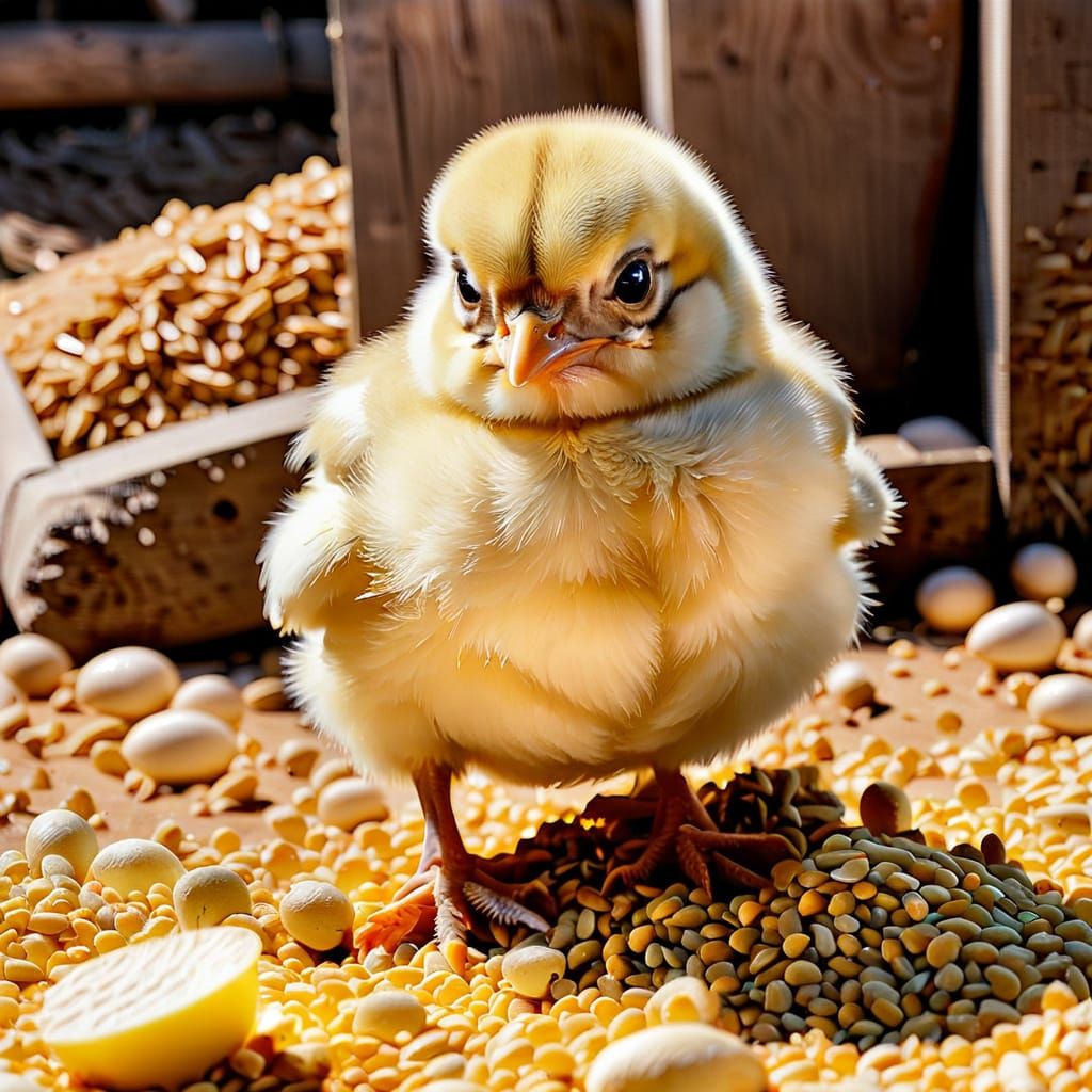 A cute grumpy baby chick staring at a pile of feed in a barn...