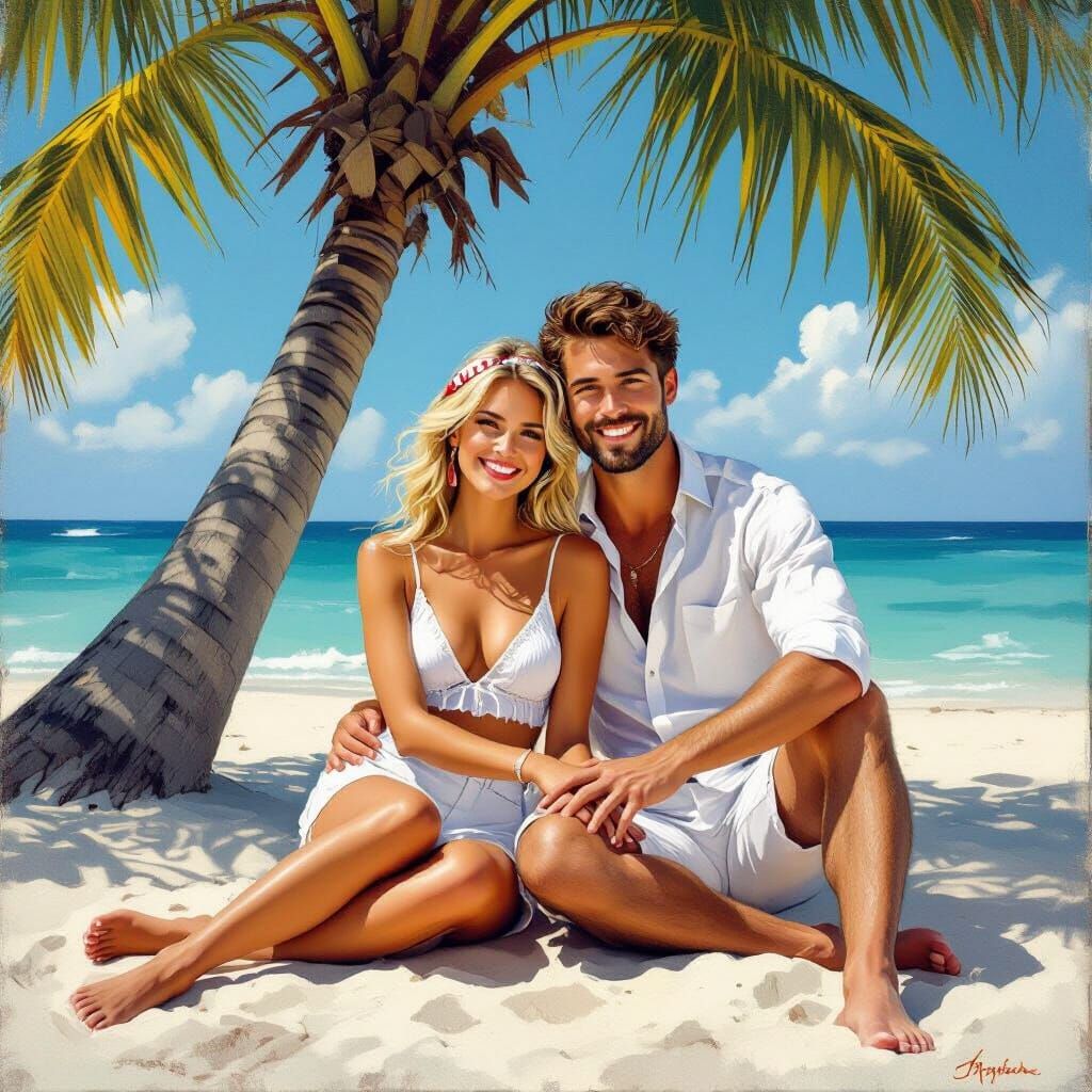 Lovers Embrace on Beach in Realistic Oil Painting Style