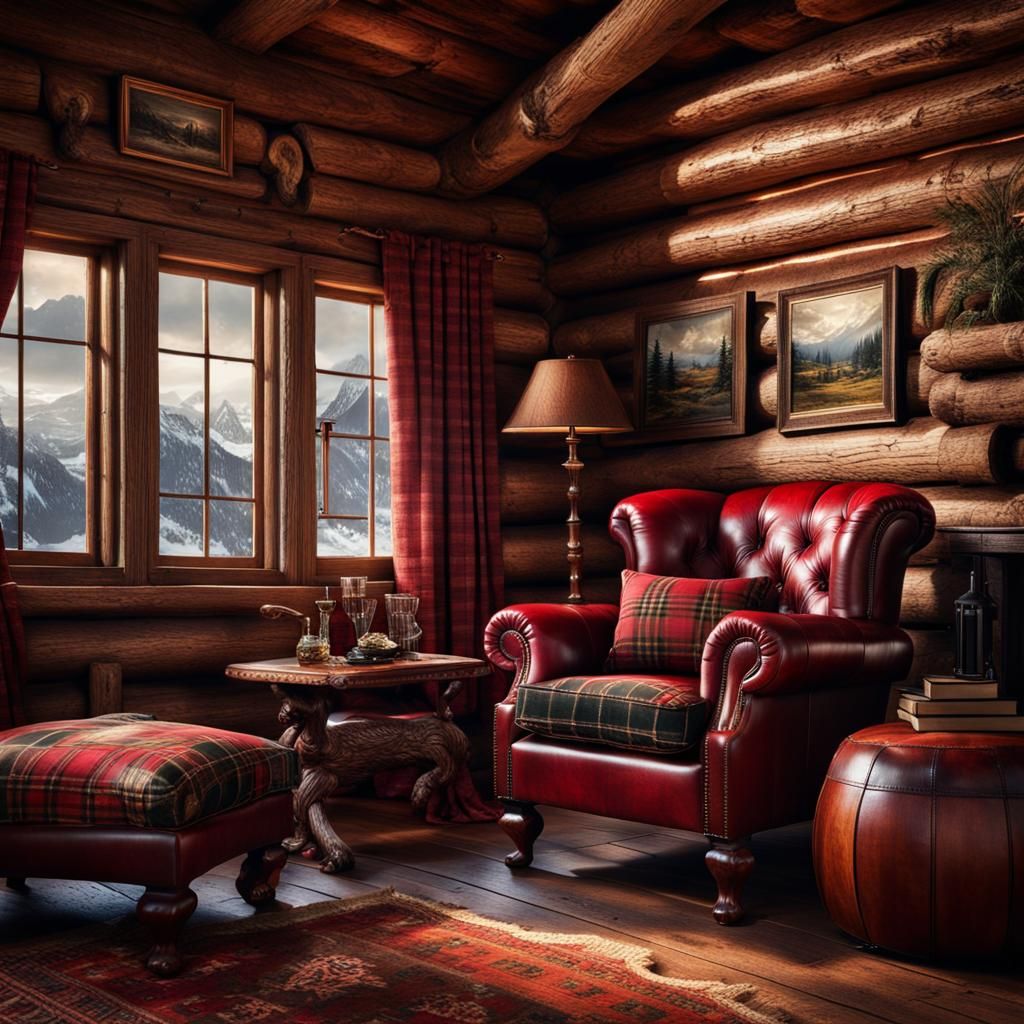 Log Cabin Corner with Red Leather Armchair