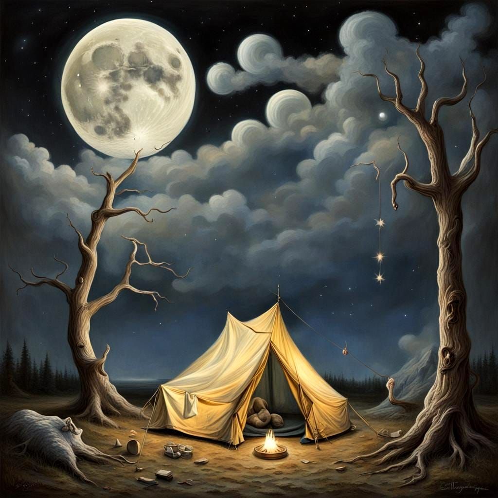 Moon Spirit Descends: Surreal Camping Scene