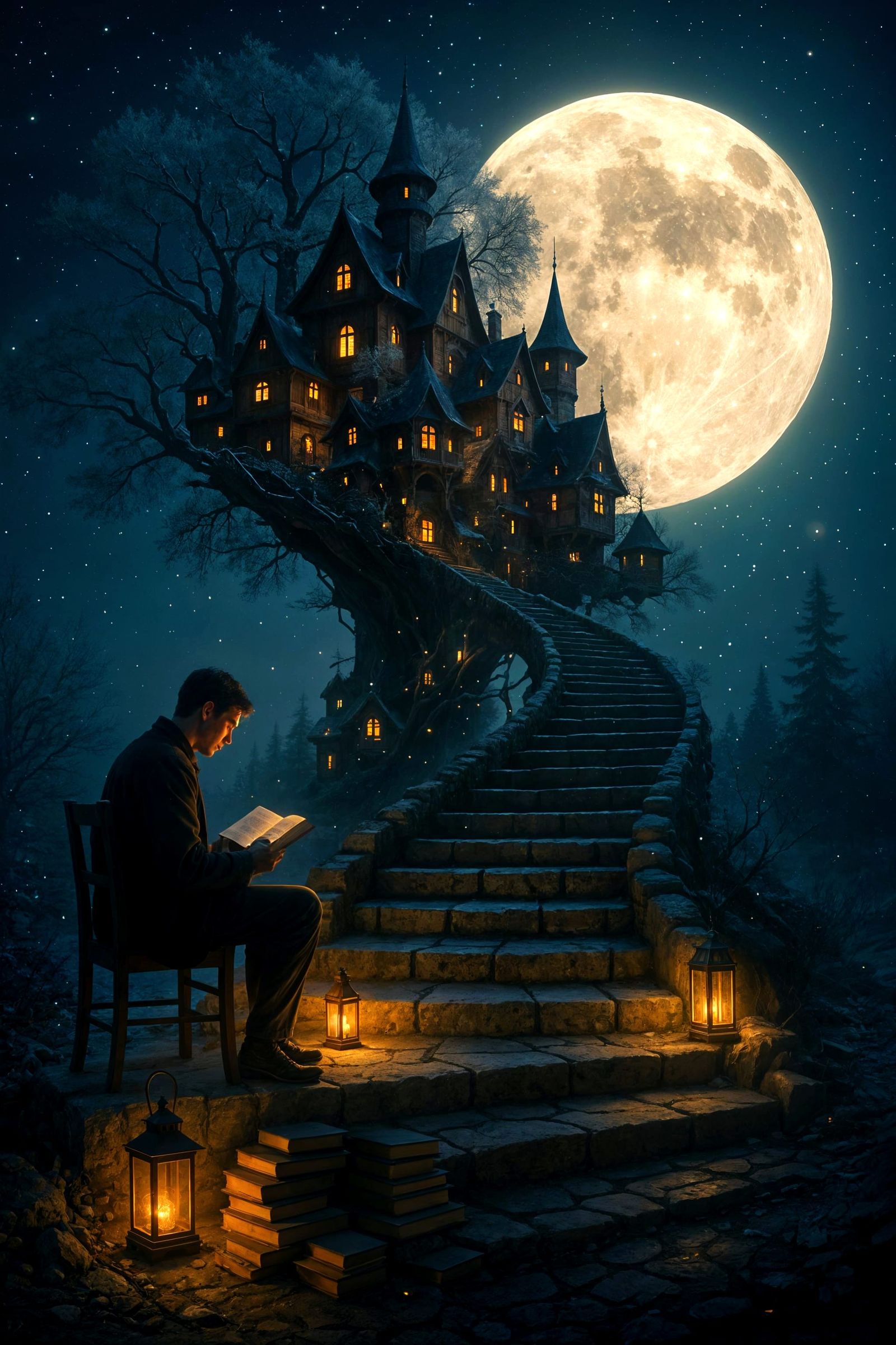 Man Reading Under Moonlight in Fairytale Tree Village