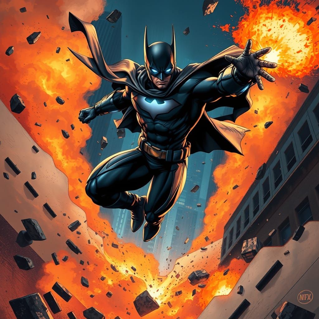 Superhero in Cinematic Pose Amidst Urban Chaos