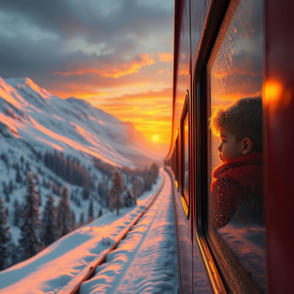 Child in Red Coat Views Snowy Mountainside Sunset