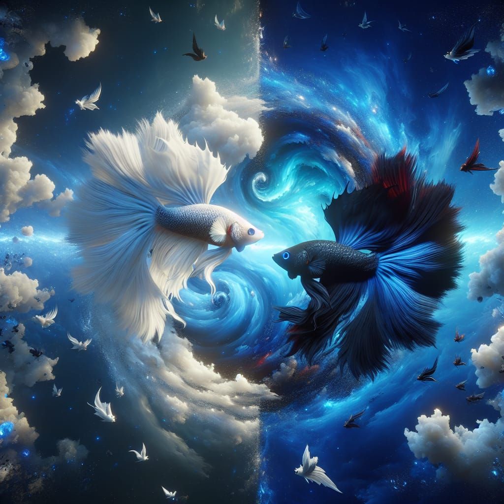 (yin yang) Beautiful Siamese Fighting fish (white) and Beaut...