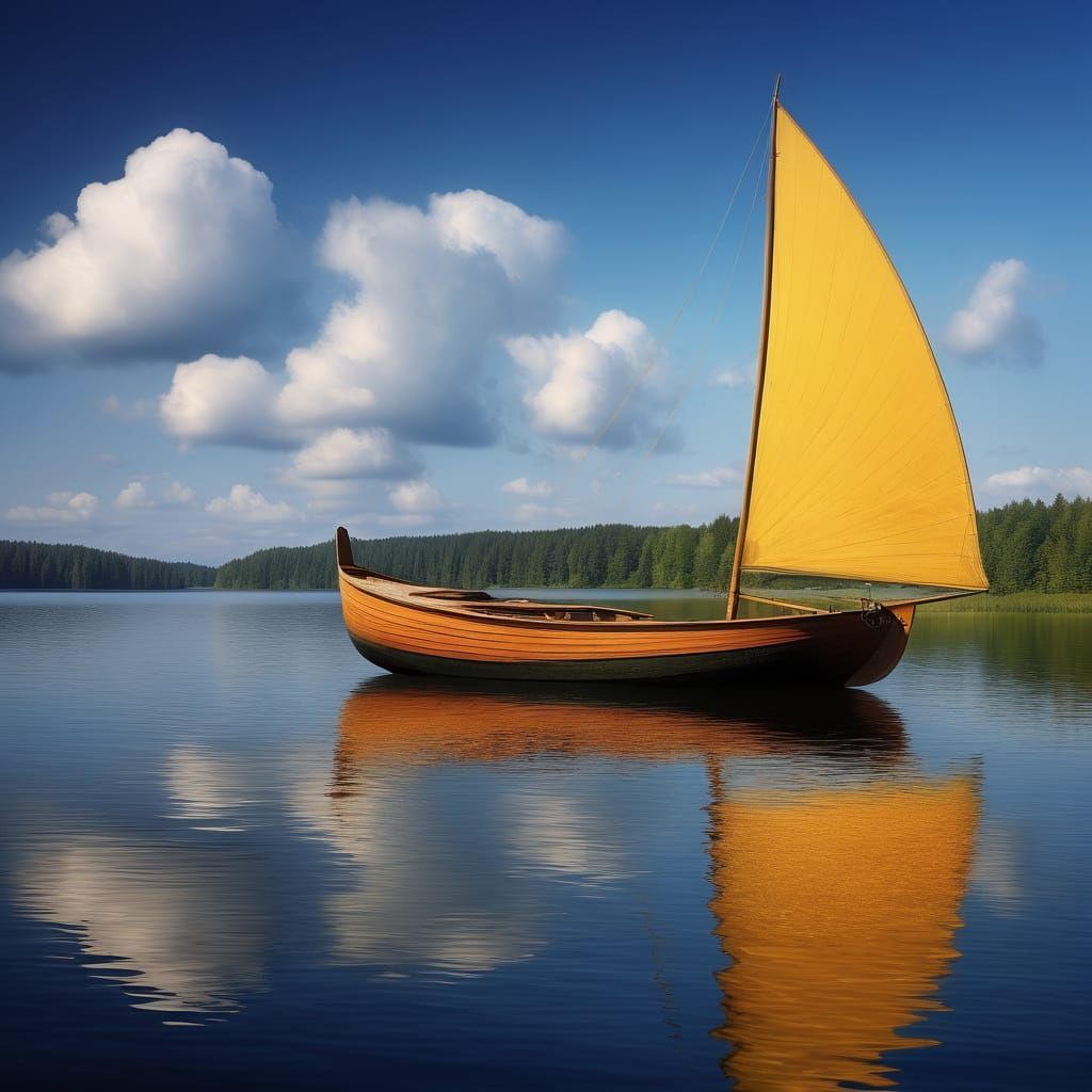 Surreal Sailboat on Mirrored Lake: Oil Painting
