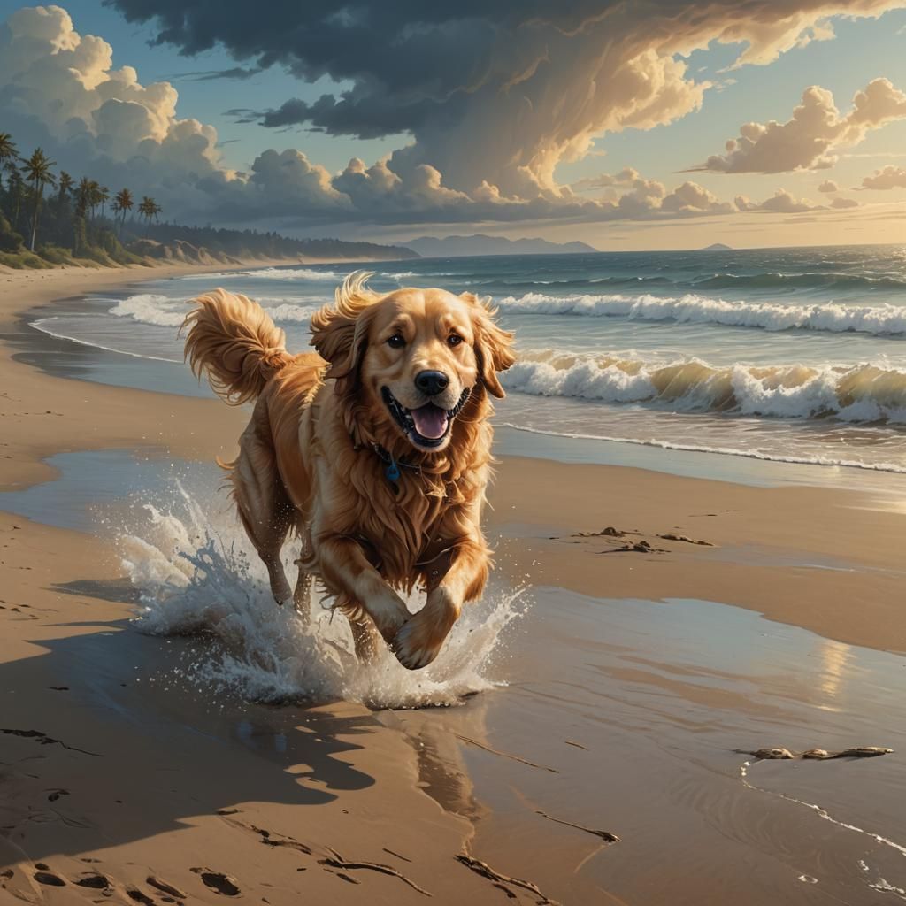 Golden Retriever Runs on Beach: Fantasy Concept Art