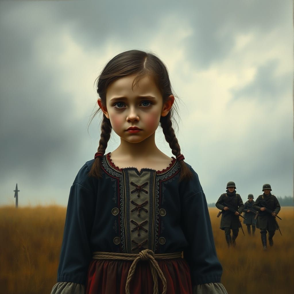 Ukrainian Girl in Folk Clothing, Surrounded by Shadows of Wa...