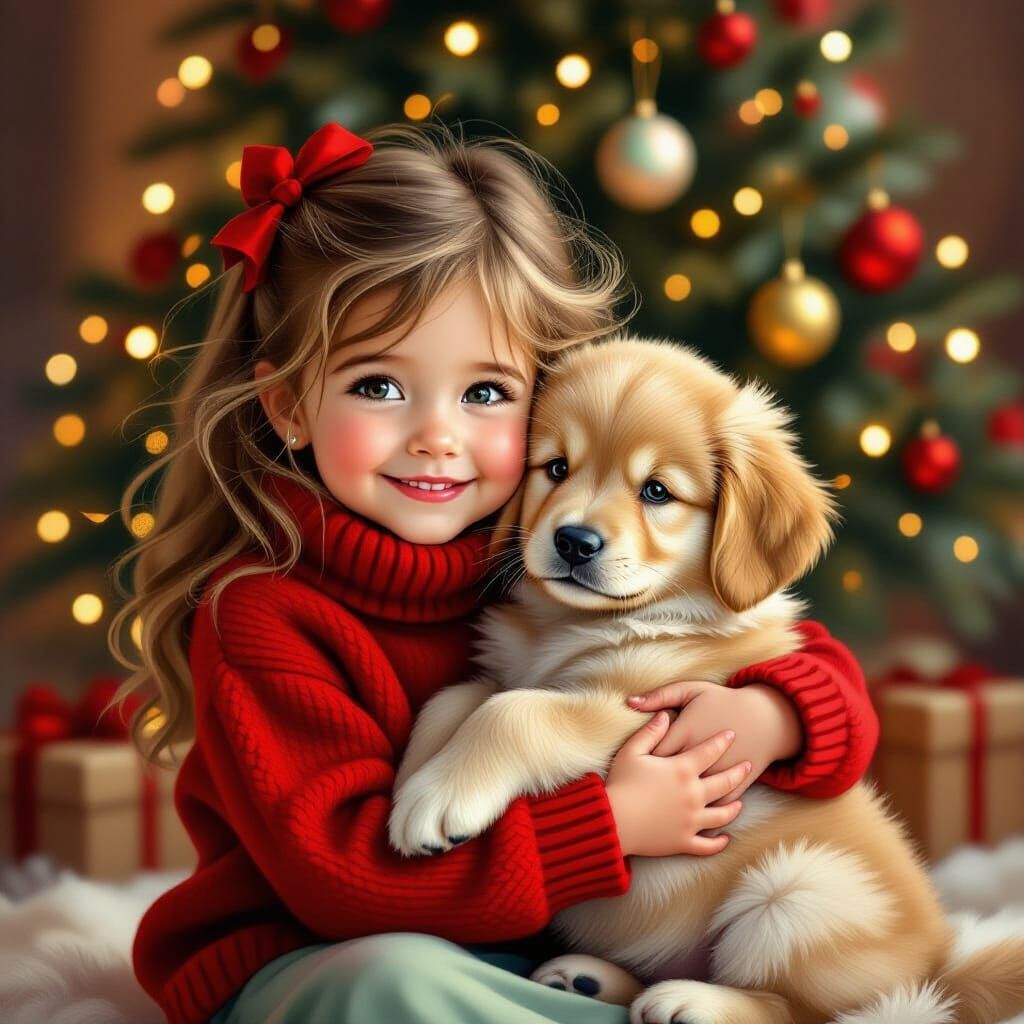 Girl and Puppy by Christmas Tree in Painterly Style