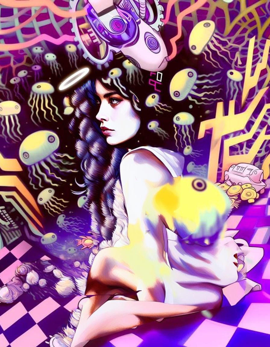 A woman on her knees looking back over her shoulder, hyper r...