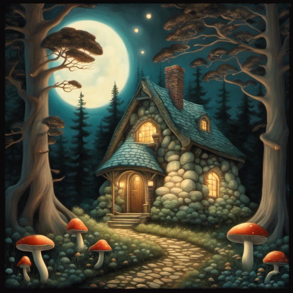 Enchanted Cottage in Forest at Night, Digital Art