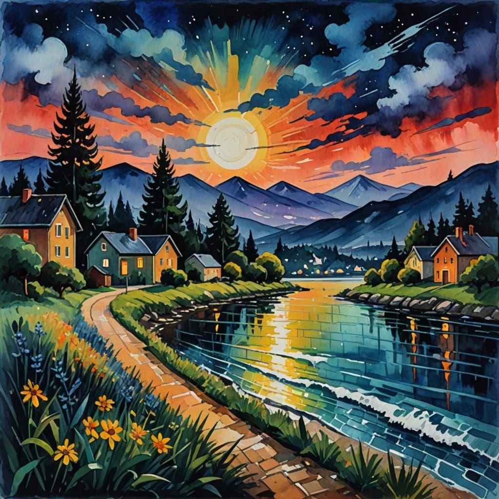 Painful Cycle of Day and Night in Gouache Style