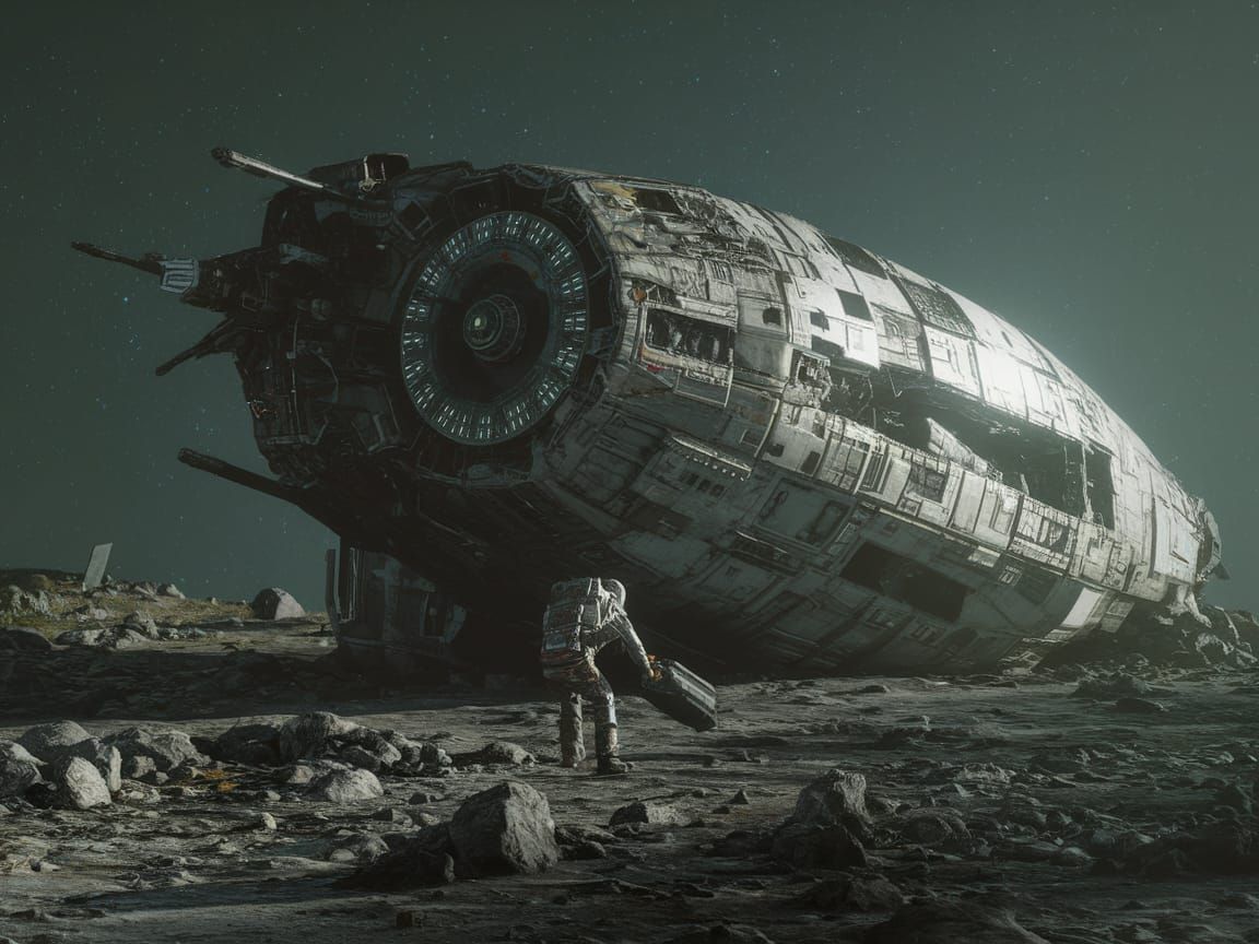 Scavenger Exploring a Wrecked Spaceship