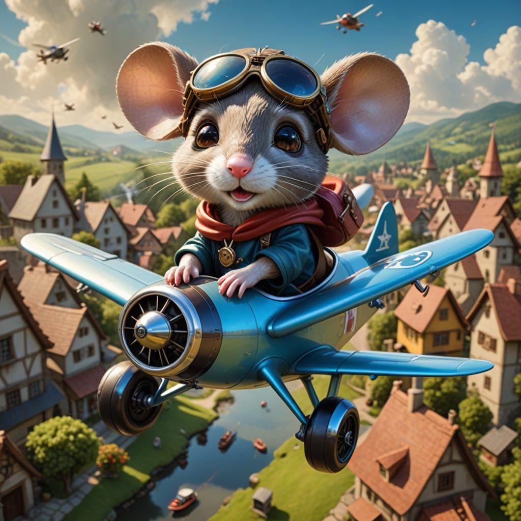 Anthropomorphic Mouse in Vintage Aviator Goggles Soars Over....