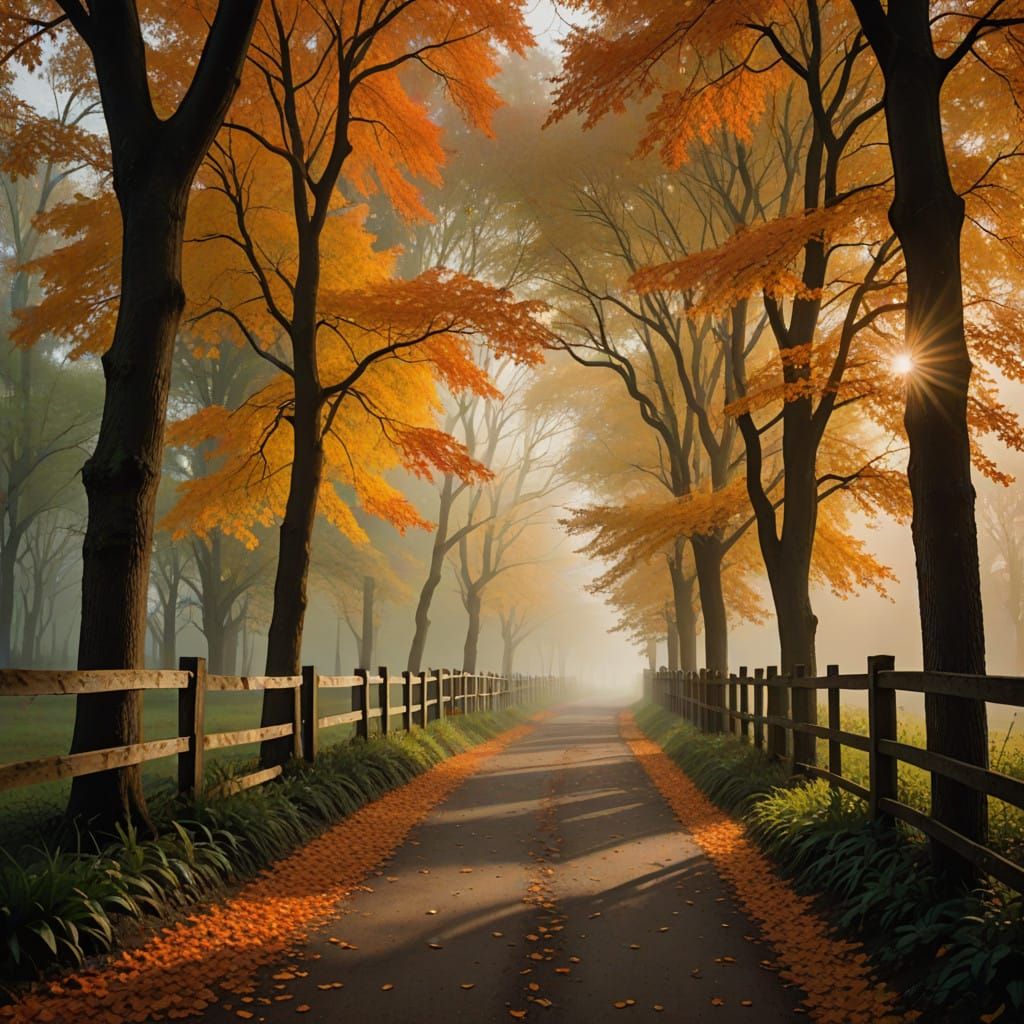 Surreal Autumn Landscape with Trees and Winding Pathway in C...