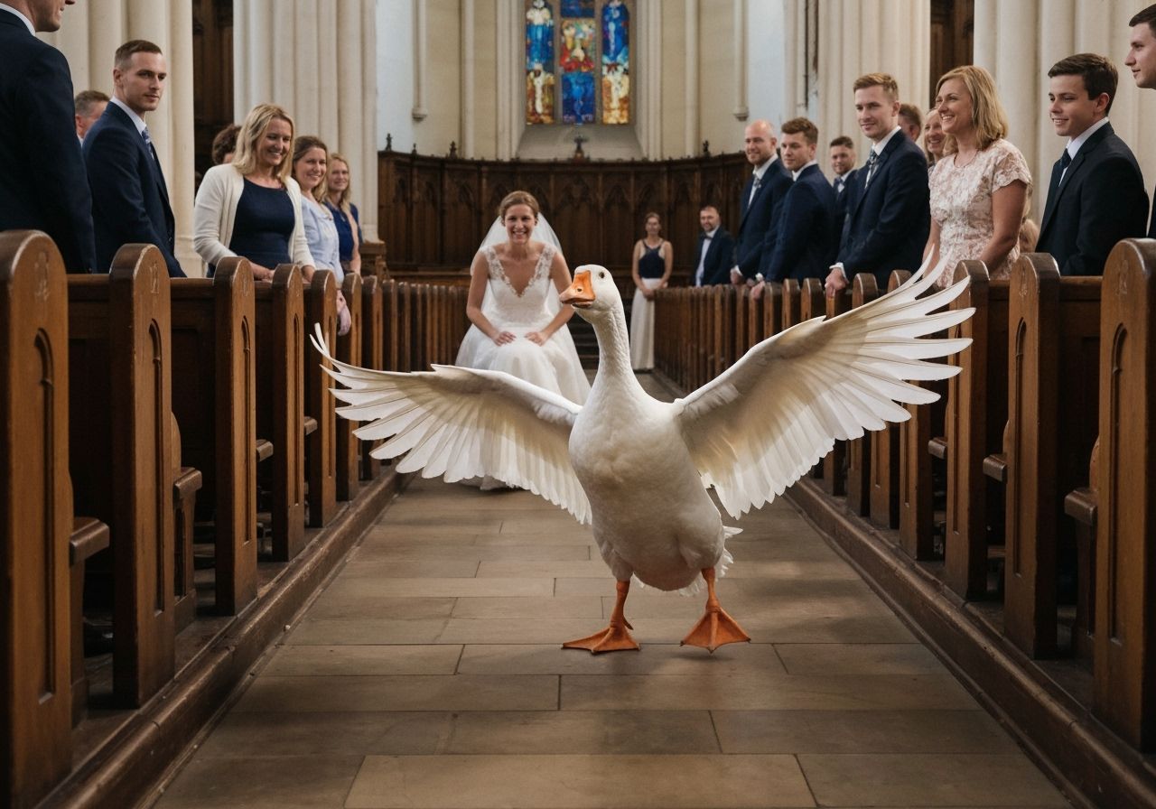 A bride being chased down the aisle of a church by a large w...