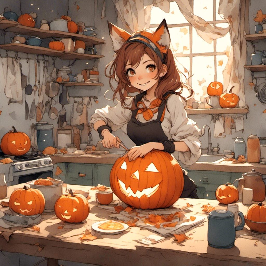Fox-girl VIXEN carving a jack o' lantern on kitchen table.
