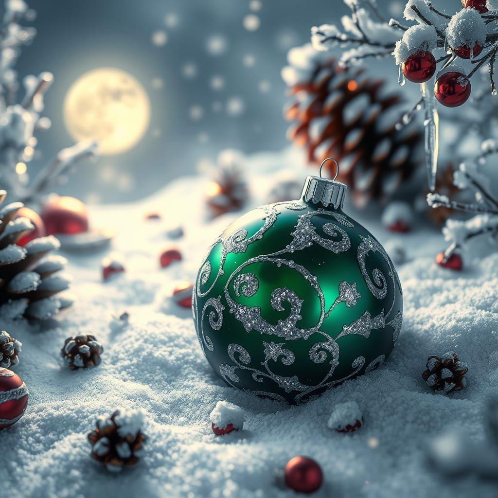 Ethereal Glass Ornaments in Winter Wonderland Scene, Fantasy...