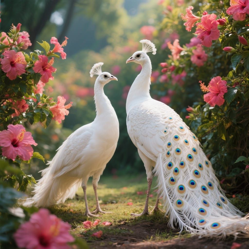 White Peacocks Displaying Tails Among Hibiscus