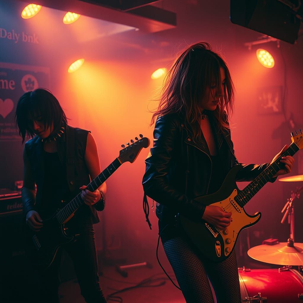 A group of degus dressed in punk rock attire are shredding guitars and banging on drums in a dimly lit, underground club...