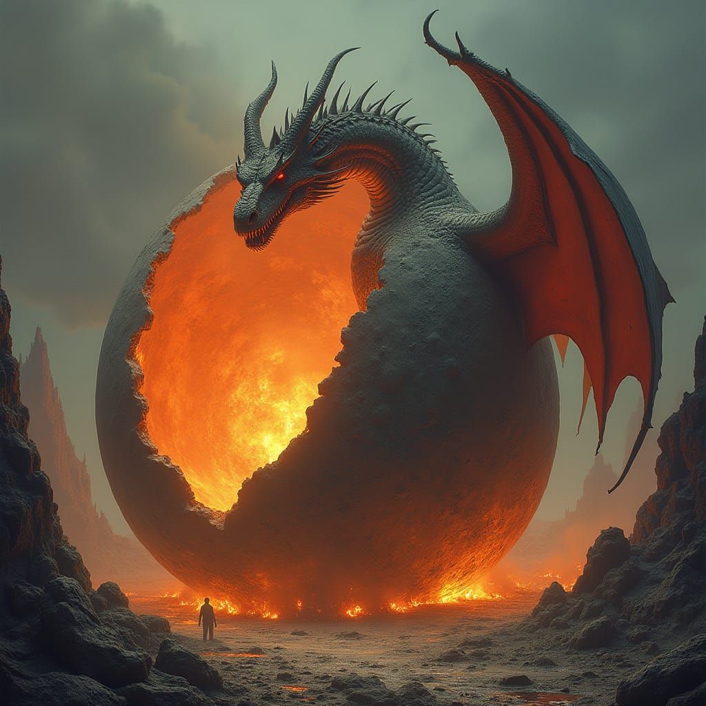 Dragon Emerges from Volcano Egg in Fantasy Landscape