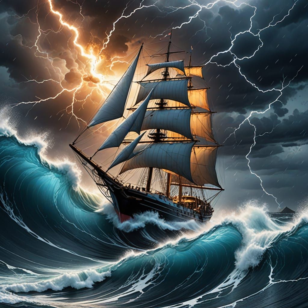 Heroic Sailboat Battles Stormy Ocean in Comic Book Art