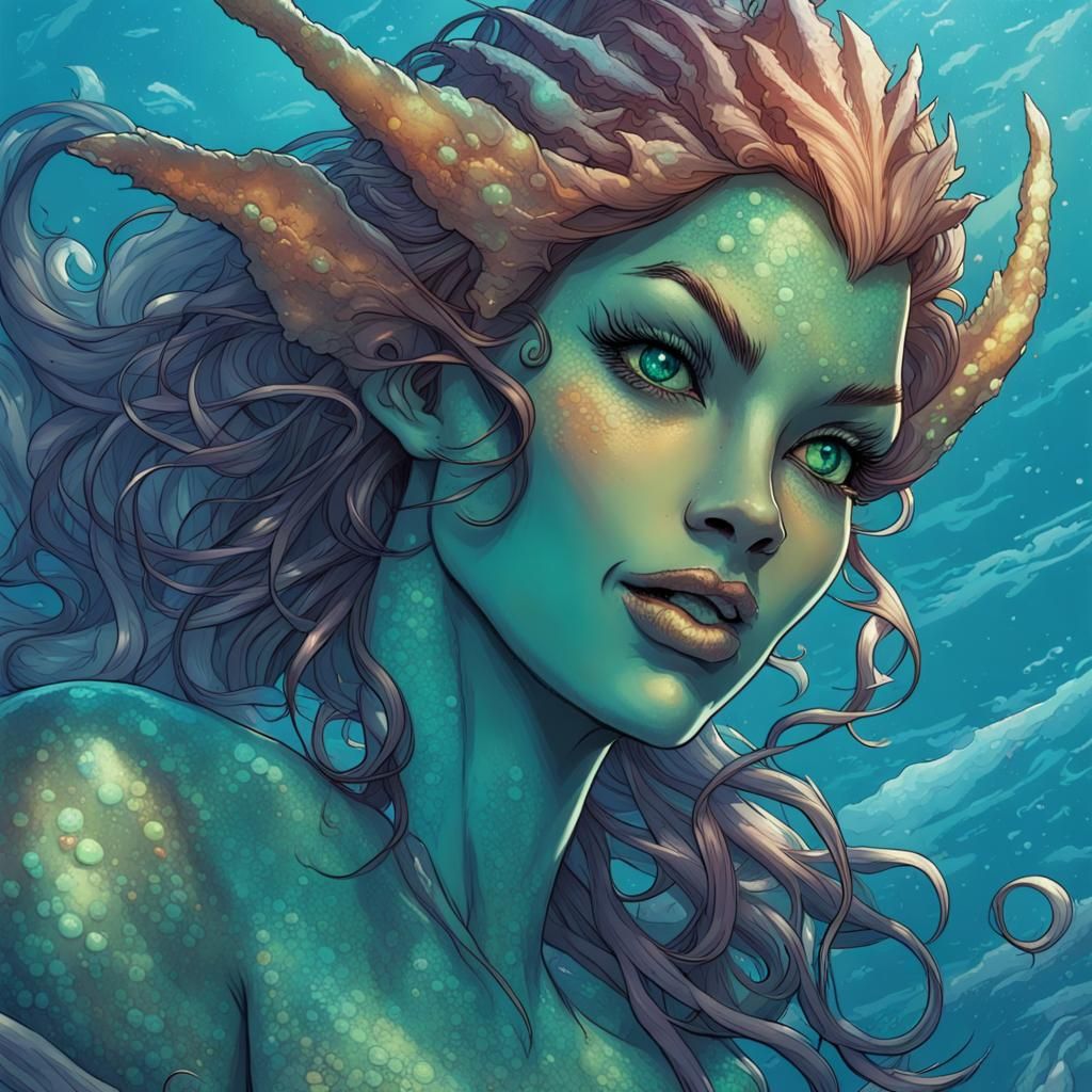 Opal-Skinned Sea-Elf Merfolk Portrait in Comic Book Style