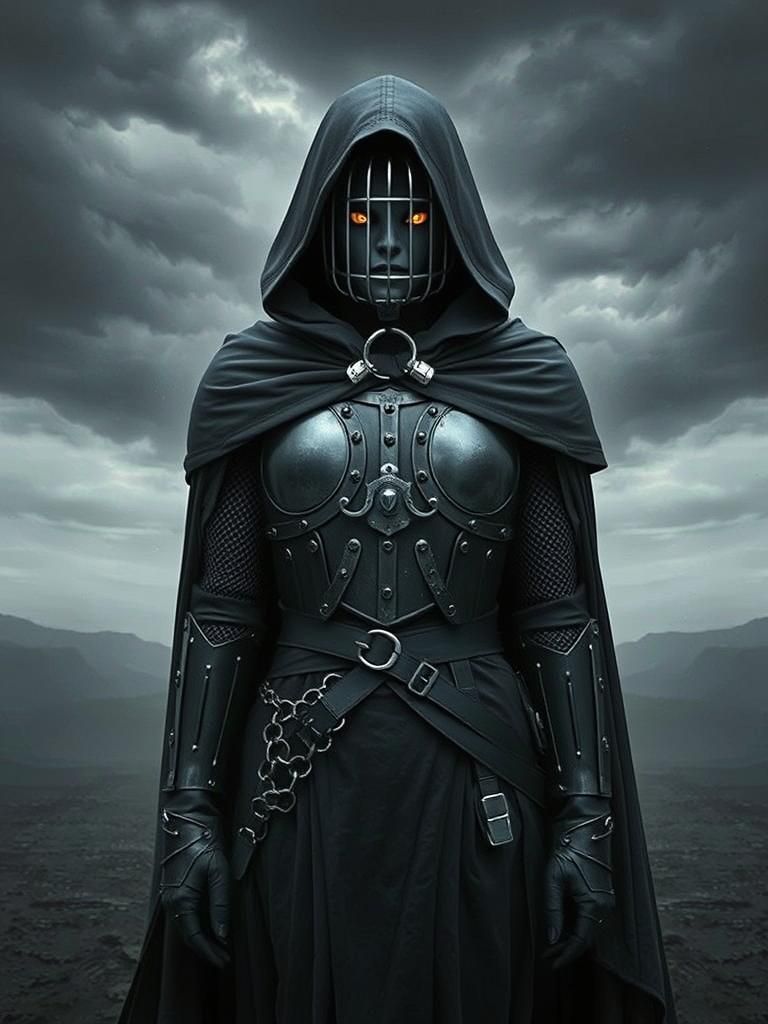 Armored Lady with Glowing Eyes in Dark Fantasy