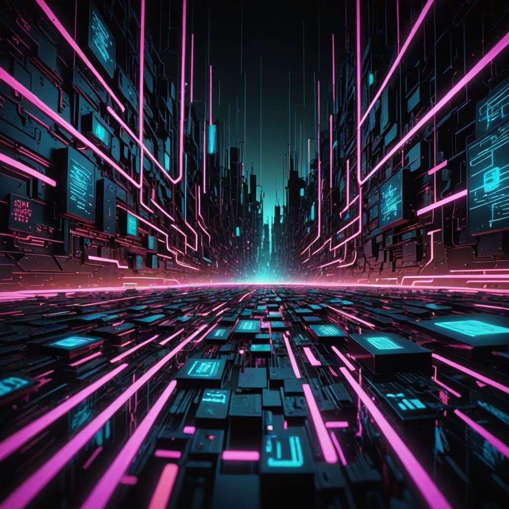Surreal Digital Landscape with Neon Code Fragments