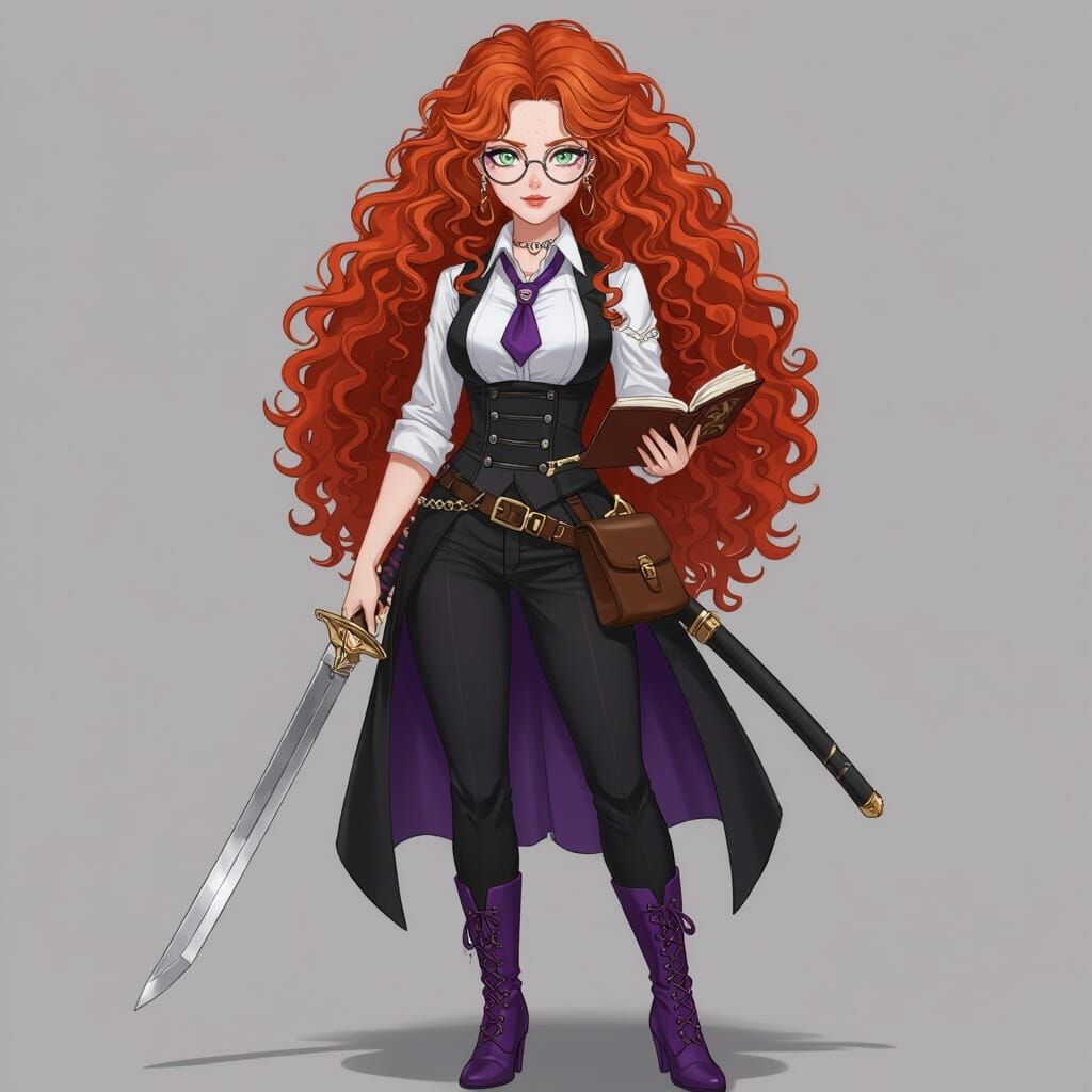 Anime Woman with Red Hair, Sword, and Spellbook