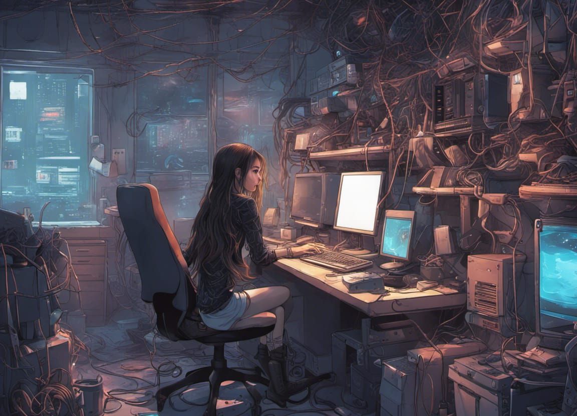 Young Netrunner Immersed in Cyberpunk World