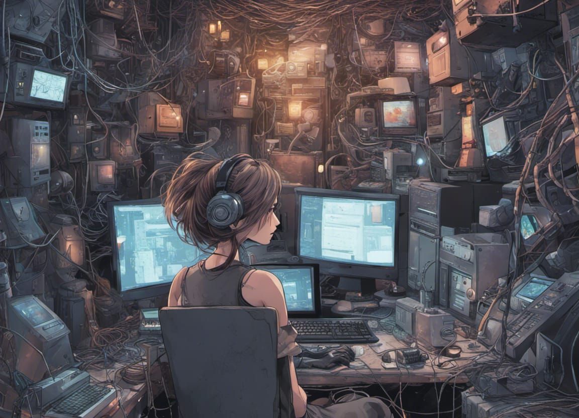 Young Netrunner Immersed in Cyberpunk Tech Haven