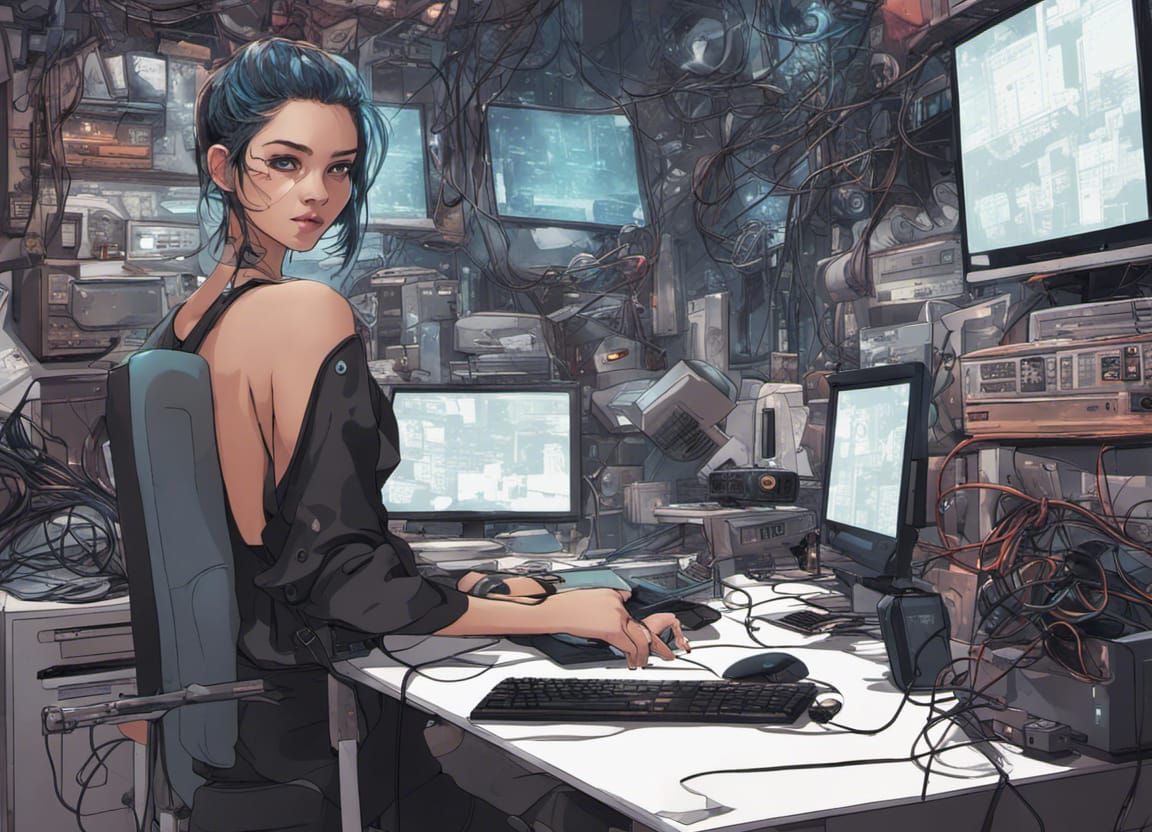 Cyberpunk Netrunner at Her Tech-Filled Desk