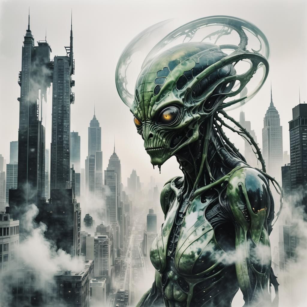 Alien Creature in Dystopian City: Double Exposure Photograph...