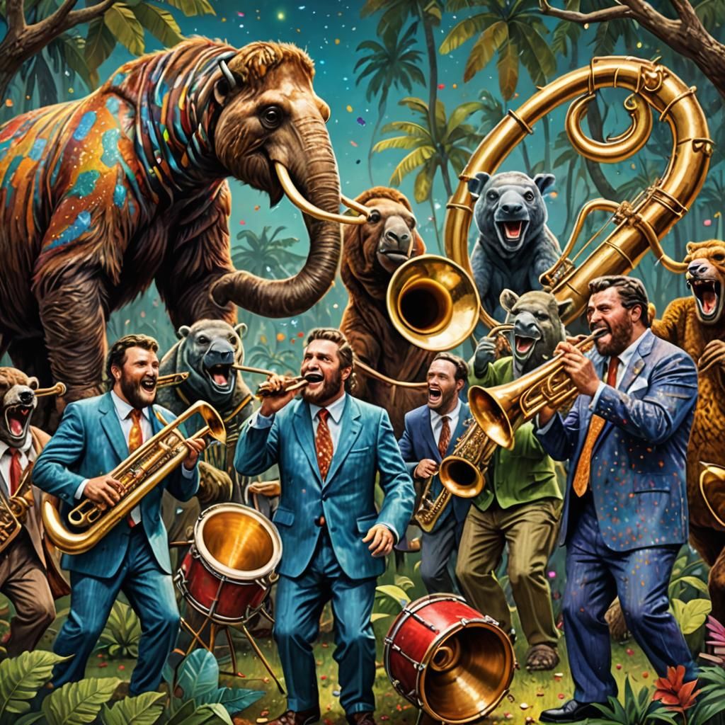 Prehistoric Animals Jazz Band in Hyperreal Style