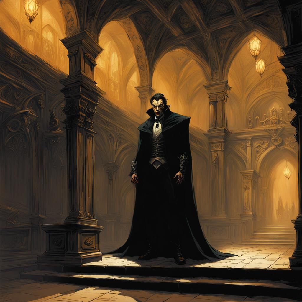 Vampire in Ornate Chamber, Dark Fantasy Illustration