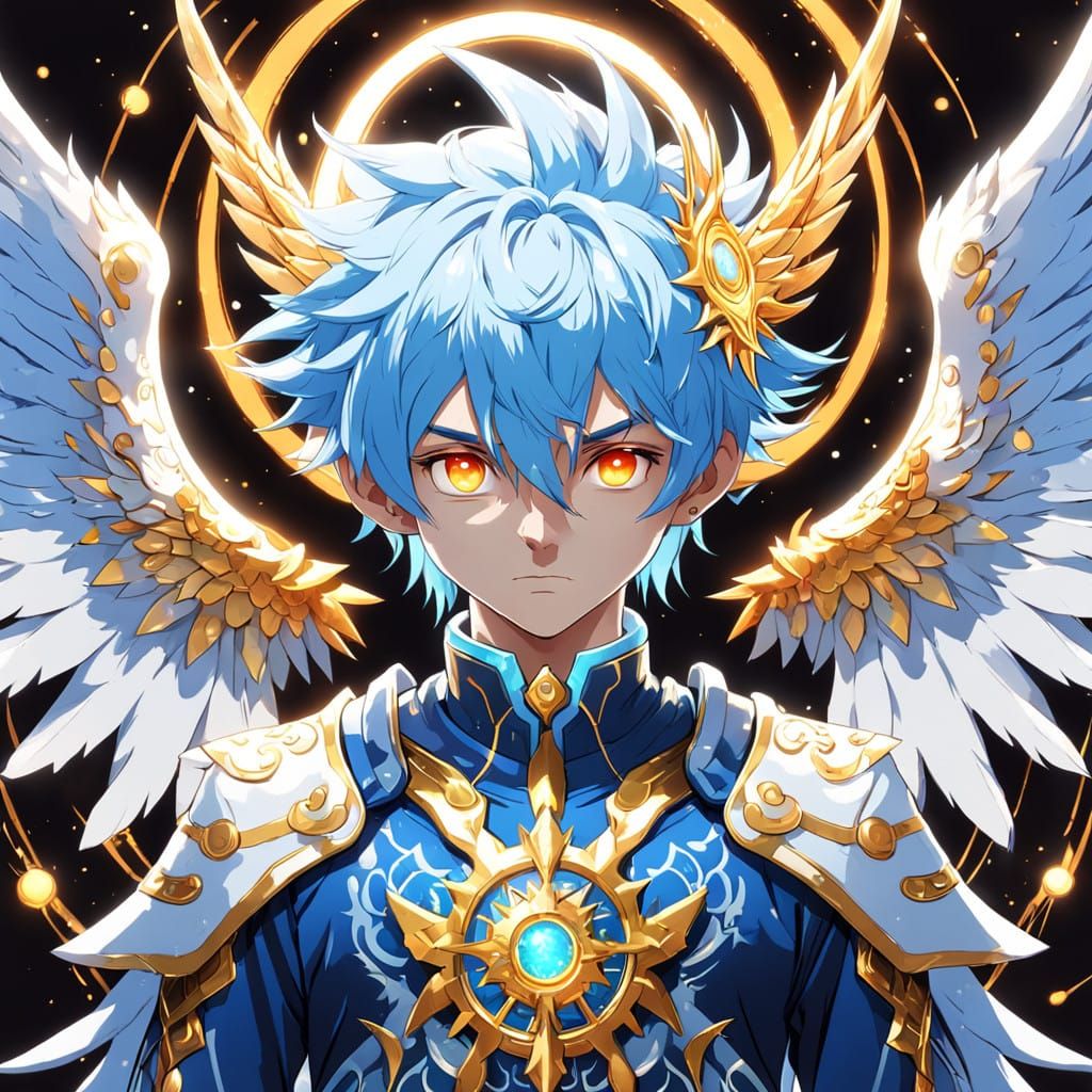Angel Boy in Gold Halo, Wings, and Vibrant Anime Attire