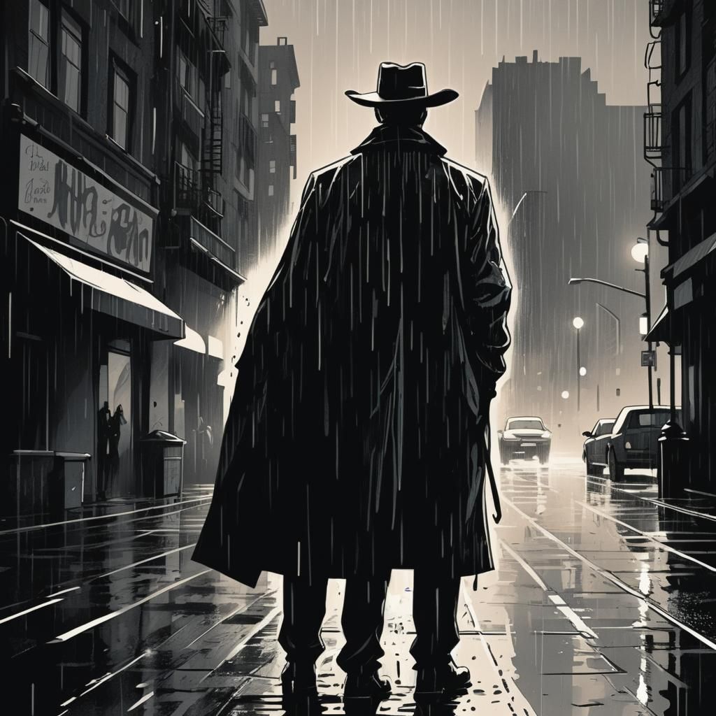 Rainy City Noir: Man in Coat, Graphic Novel Style
