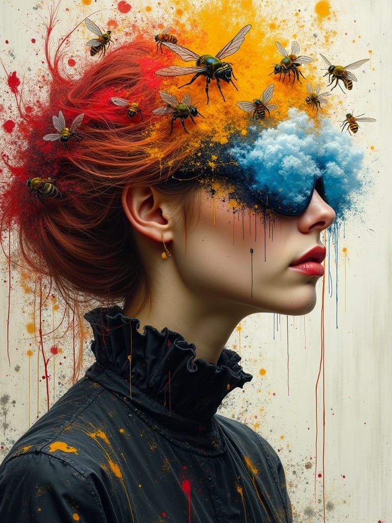 Surreal Woman Portrait with Abstract Paint and Bees