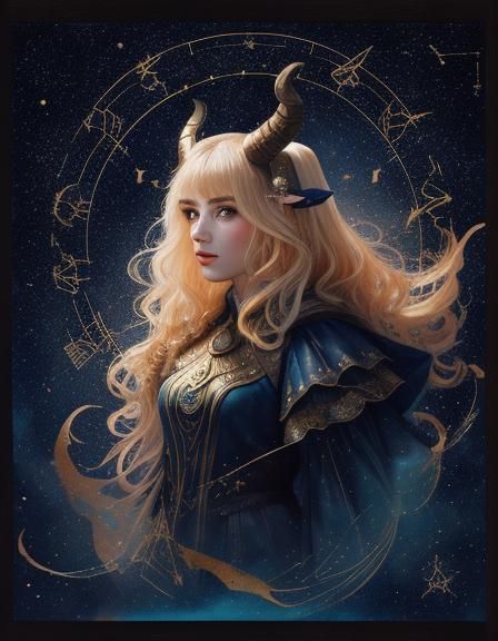 Woman as Capricorn Double Exposure in Watercolor