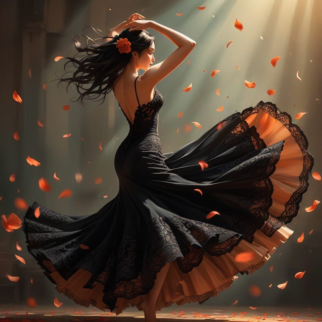 Anime Style Flamenco Dancer in Floral Setting