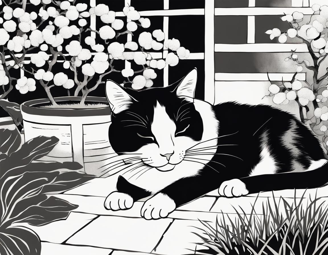 Zen Cat: Japanese Ink Painting of Sleeping Feline