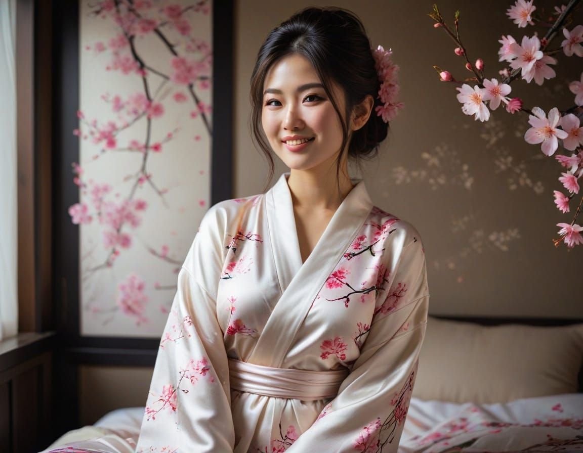 Sensual Japanese Woman Wears Ivory Yukata in Sakura Print