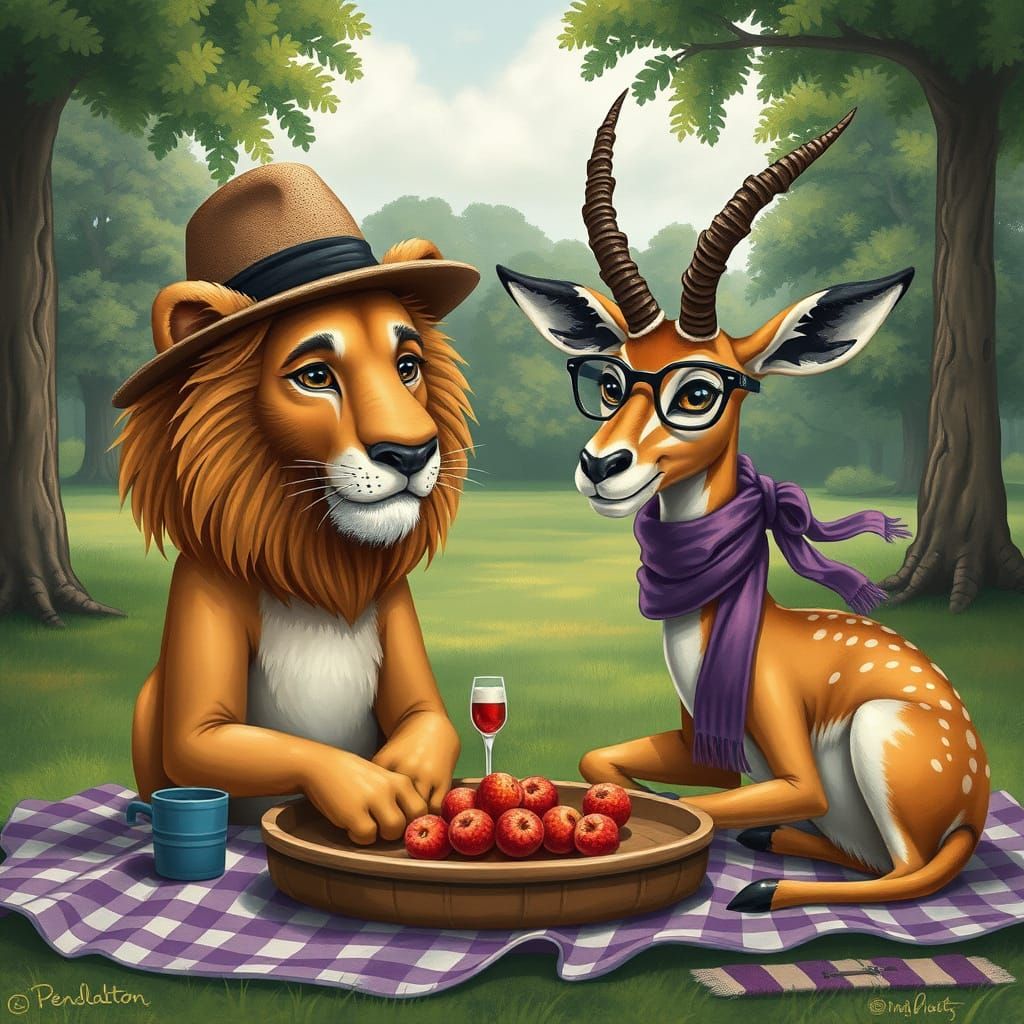 Lion and Gazelle Picnic in Park, Surreal Art