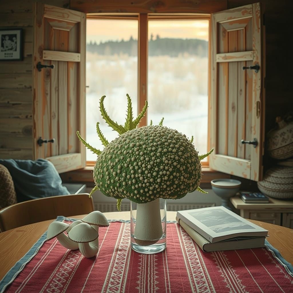 Serene Swedish Cabin Merges with Nature in Linocut Style