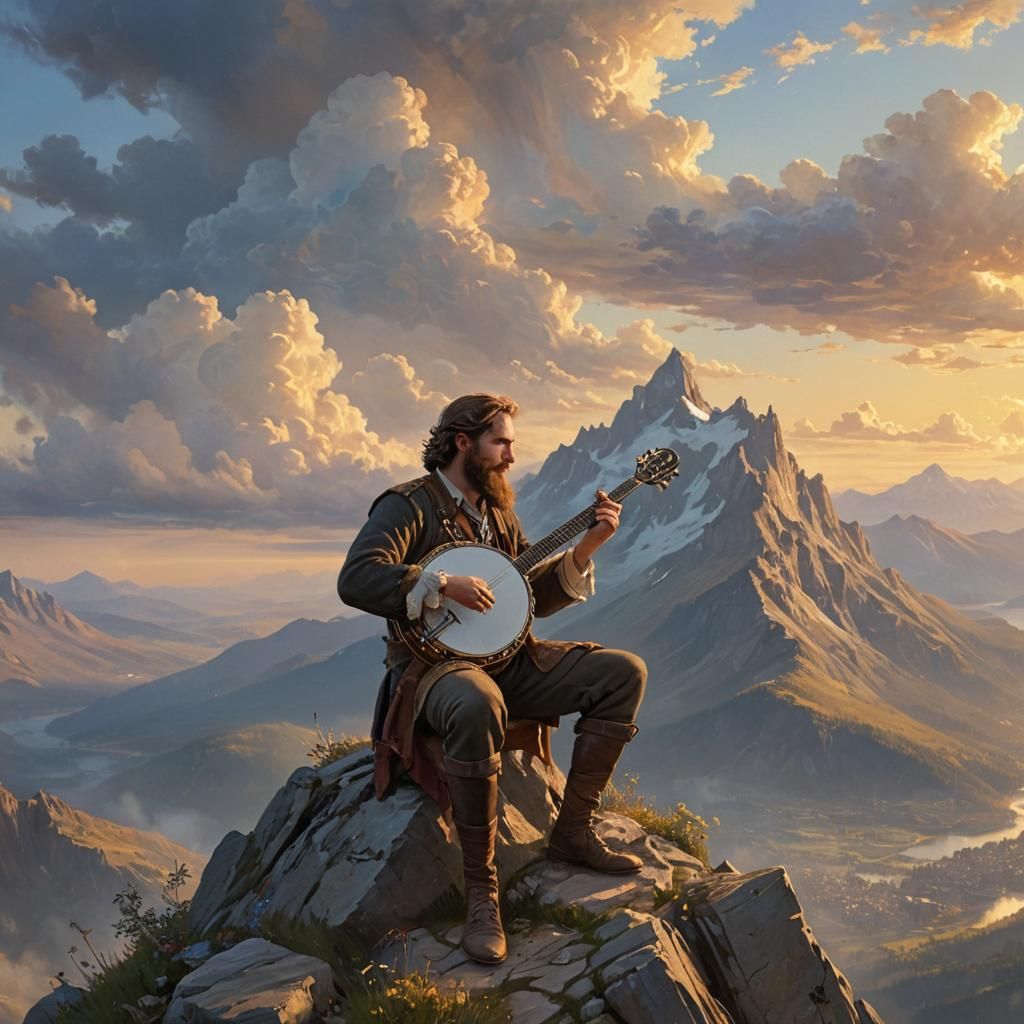 Bard on Mountain Peak at Dawn, Folk Art